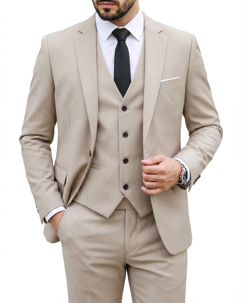 MYS MY'S Men's 3 Piece Suit Set with Tie, One Button Slim Fit Solid Jacket Vest Pants, Prom Party Wedding Business Suits for Men, Beige X-Small - Image 1